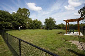 A park with a fence, trees, and a wooden pergola.